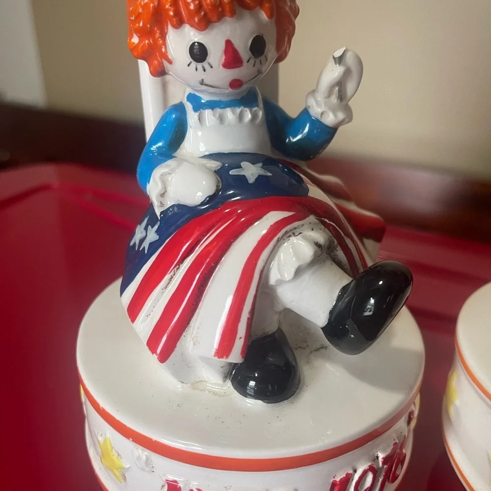 Set of 2 Vintage Patriotic Raggedy Ann Andy Wind up Musical Schmid Bros Japan - Picture 4 of 7